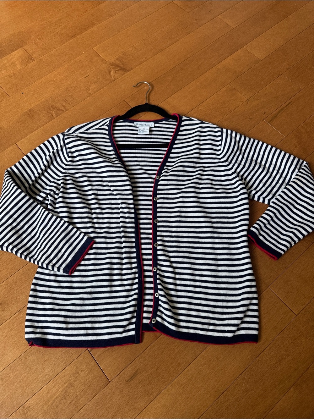 Robert Scott Striped Navy and White Button-Front Sweater Cardigan with Red Trim